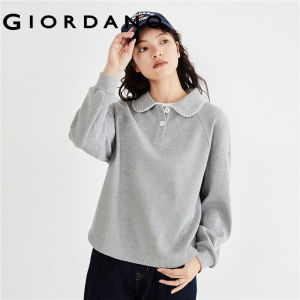 GIORDANO Women Polo Shirts Contrasting Picot-Trimmed Polo Shirts Long Sleeve Waffle Fashion Casual Loose Polo Shirts 18323208