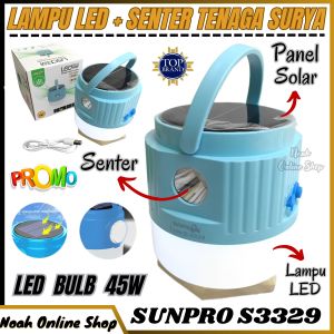 Lampu Tenda Camping LED Sunpro S-3329 45 Watt Lampu + Senter + Panel Solar - Baterai 3600mAh Tahan Hingga 8 Jam - Rechargeable Menggunakan USB Type C Dan Solar Charger - 45W | Lampu Emergency / senter camping multifungsi / Senter Lampu Lantern  ~ NOS