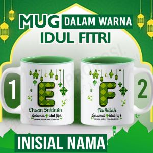 Mug warna dalam hijau Idul Fitri Inisial Nama - kado lebaran