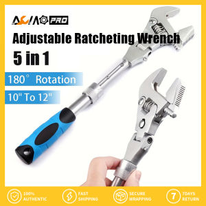 AumoPro 1Pc Adjustable Ratcheting Wrench 10" To 12" Crescent Wrenches 180° Folding Adjustable Torque Wrench with Retractable Extension Shank and Rotating Head 5 in 1 - Multi-purpose for Maintenance