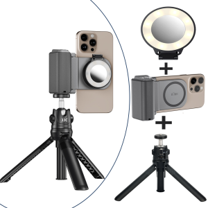 KIWIFOTOS Magnetic Phone Holder Camera Grip With Detachable Wireless Remote Control+LED Light+Extendable Tripod Kit For iPhone 16 15 14 13 12 Series with MagSafe Function and More Android Smartphones