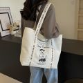 Gentlewoman Cute Cartoon Bear Print Canvas Bag Versatile Contrast Color Shoulder Tote Bag with Zipper. 