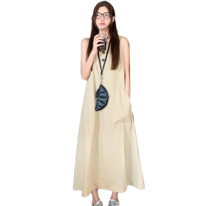 ZANZEN Korean Women Sleeveless Dress Autumn Holiday Casual Loose Solid Color with Pocket Baggy Long Dress