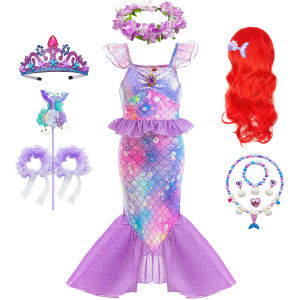 Purple Mermaid Princess Dresses For Girls Fish Patterned Printing Fishtail Costume Halloween Carnival Party Clothes Elegant Gown