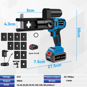 Kìm bấm cos thủy lực dụng pin 21Vkìm thủy lực điện 6-240mm²máy ép cos thủy lực 10 bộ khuôn - đầu có thể xoay 360°