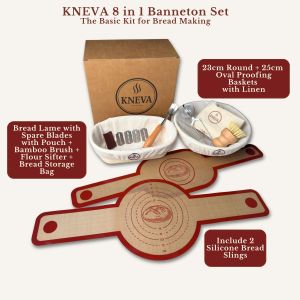 KNEVA 8 in 1 Banneton Set for Bread Making with Round and Oval Proofing Baskets Bread Lame Bamboo Brush Flour Sifter Bread Storage Bag and Silicone Bread Slings.