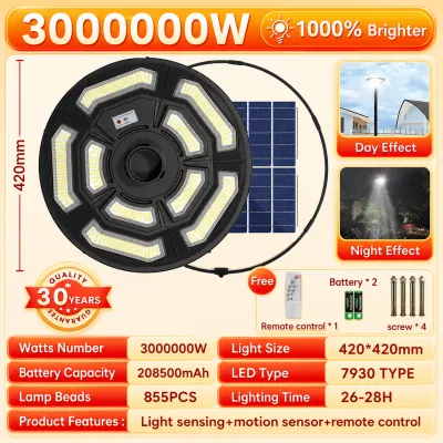 UFO Solar Street Light Waterproof IP66 Solar Powered Outdoor Lighting 30 Year Warranty Free Gift Remote Control 0 Electricity Bill outdoor lamp 9000000W dual mode of motion sensing and stable lighting IP69 Waterproof With Remote