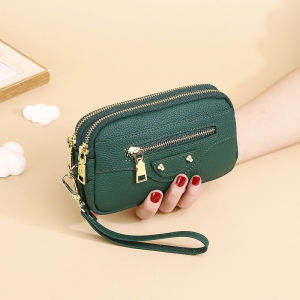 Womens Genuine Cowhide Leather Wristlet Wallet Double Zip with Front Coin Pocket
