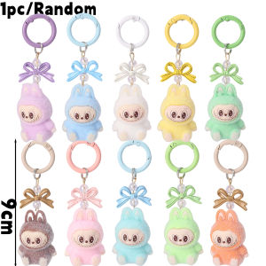 2PCS Cartoon Flocking Labubu Bowknot Keychain Anime Monsters Bunny Doll Bag Pendant Car Keyring Decorative Accessories