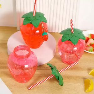 Adorable Strawberry Shaped Cups with Lids and Straws 4pcs 16oz Pink Tumbler Set for Milk Tea Juice Smoothies and Summer Party Drinks Portable and Reusable Plastic Cups with Strawberry Charm