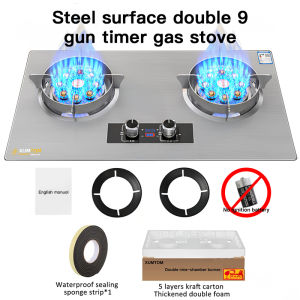XUMTOM 9.5KW Double Burner Gas Stove Memasak Fierce Flame Cooker Hob Built in Timing Folding Stove Gas Stainless Steel Household Fire Cooktop Dapur Embedded Liquefied Gas Cooker 翻转炉 燃气灶