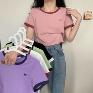 Ladateens shop เสื้อครอปเด็กมินิ 9010 เสื้อครอปคอกลม ขนาดมินิสำหรับเด็ก ลายปักหัวใจ