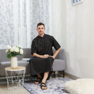 AL-MUHAJIR / jubah embos lengan pendek / gamis pakistan laki laki dewasa premium gold/baju muslim terlaris/BAJU KOKO NATURAL