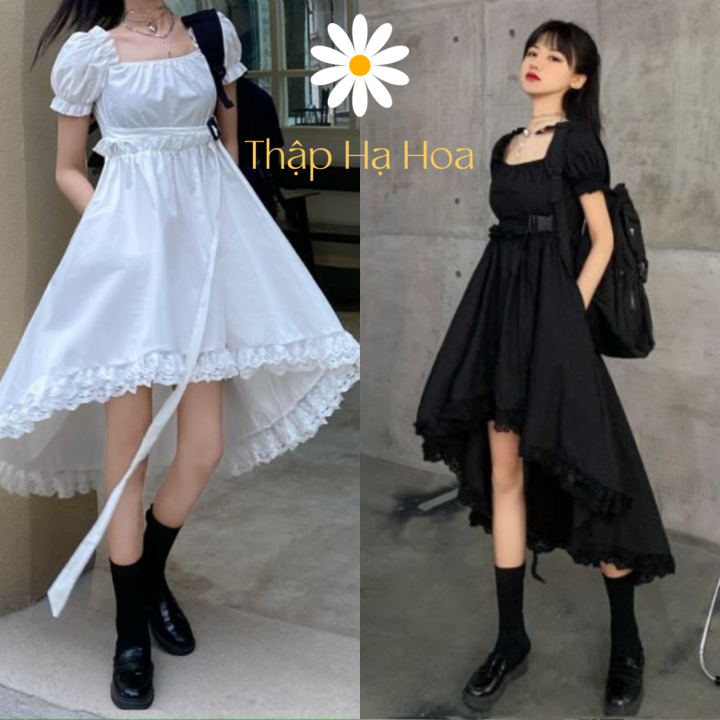 Váy trắng maxi dáng dài xoè tay phồng tay ngắn cổ vuông | Shopee Việt Nam