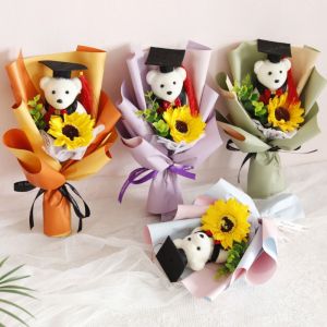 BANZU Woven Graduation Bear Sunflower Bouquet Plush Bear Bouquet Decoration Crochet Flowers Bouquet Creative Cartoon Doctoral Bear Bouquet Graduation Season