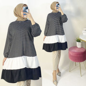 CARLINA Tunik Arum Salur Lidya Kombinasi Kerut Hitam Putih