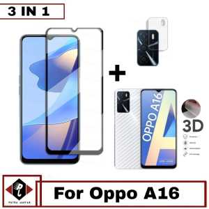 Promo paket 3-In1 Tempered Glass Layar Oppo A16 2021 Bonus Anti Gores Camera Dan Skin Carbon