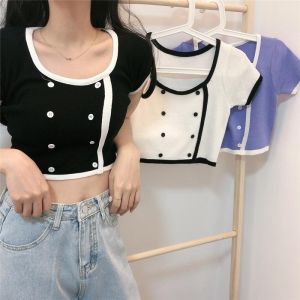 AYDA - Terbaru Korean Collar Crop Top Button JENNIE Black Pink Rib