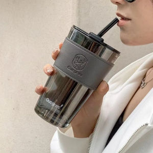 ZOWOKI Kaca Glass Dengan Sedotan Silikon Simple Elegan Milk Cup Gelas susu gelas jus gelas air gelas teh gelas ukur 450ML