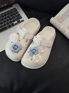 [Free Shipping] EVA Slippers For Outdoor Wear High-End DIY Blue And White Floral Accessories Shoe Buckles Summer Korean-Style Trendy Shoes For Girls