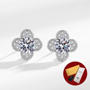 Diamcity (Free Gra Certificate) S925 Perak Wanita Satu Karat Moissanite Anting Empat Daun Semanggi Perhiasan