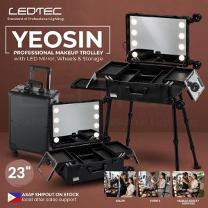 LEDTEC Yeosin 23″ Professional Makeup Trolley with LED Mirror Wheels Storage Compartments & Fold-Out Table