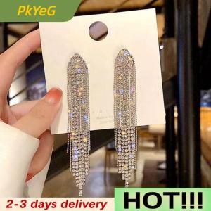 PkYeG Long Tassel Full Rhinestone Drop Earrings For Women Ovsize Crystal Dangle Earrings Fashion Jewelry Accessories