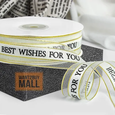 2.5cm x 50 Yards 45 Meter Best Wishes For You Handame Gift Flower Cake Silk Satin Ribbon Packeging Hadiah Riben Kain