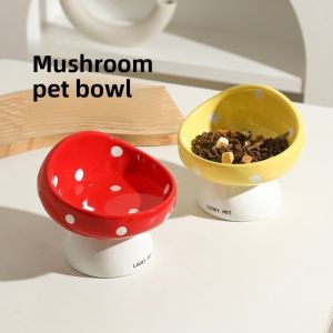 OUTOPEN Mushroom Cat Bowl Slanted Mouth Ceramic Pet High Foot Bowl Cute Large Capacity Pet Drinking Feeder Neck Protection