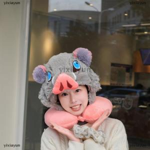 [COD] yixiayun 1Pcs Demon Slayer Hashibira Inosuke Warm Headgear Cosplay Prop Wild Boar Head Plush Hat Japanese Anime Stuffed Plushies Gift