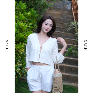 HJYN | Set linen tưng premium áo thắt nơ kèm quần short Morela màu trắng