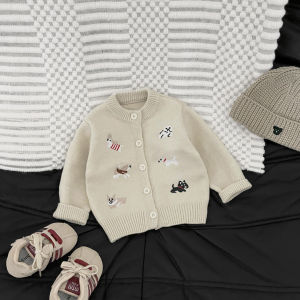 Boys red sweater for autumn and winter festive top for infants childrens New Years greeting outfit baby girls thickened cardigan for the New Year