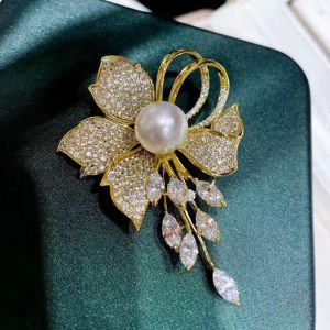 JJT Elegant Floral Brooch with Pearl and Crystal Dangles Perfect for Wedding and Formal Occasions
