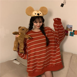 Leher Bulat Lengan Panjang Wanita Korea Bergaris-garis Pullover Longgar Kain Tipis