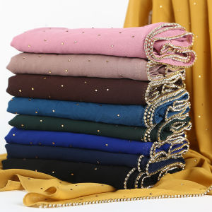 Women Plain Bubble Chiffon Muslim Shawls Rhinestone Bling Scarf Solid Islam Hijabs head scarf WJ136