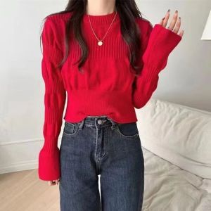 FRAN Korean Style Round Neck Lantern Sleeve Sweater Sweet Slim Fitting Long Sleeve knitted Top