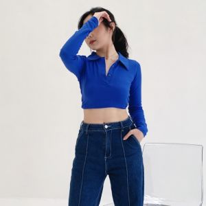 Kaos Crop Polo Knit Lengan Panjang Kerah V-Neck Atasan Longsleeve Fit Body Bahan Rib Knit