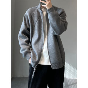 Autumn Korean Style Double Zipper Knitted Jacket Men Long Sleeve Casual Loose Simple Stand Collar Knitted Cardigan Sweater