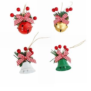 SELLYER 4pcs Bow Christmas Bell Pendants Red Berry DIY Christmas Decoration Home Decor Metal Christmas Hanging Bells Christmas
