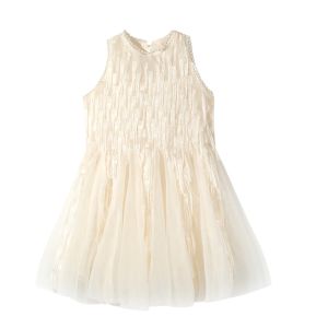lontakids Kids Girls Summer Tassel Mesh Fishtail Dress with Pearl Sequined White Sleeveless Princess Dress with Skirt Wedding Party Birthday Gown