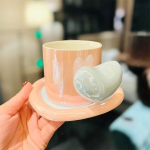 Modern Heart Handle Ceramic Coffee Mug with Saucer Three-dimensional Heart Mug Cute Ladies Teacup Drinkware Gift Home Decoration