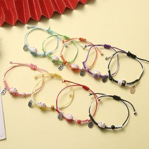 JON09 Ceramic Cat Pendant Maneki Neko Bracelet Two Color Hand Rope Women Hand Ring Unique Wax Thread Red Braided Rope Lovers
