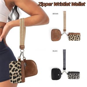 CRNGW ขนาดเล็ก กระเป๋าสตางค์แบบมีซิปรอบข้อมือ ลายเสือดาว พร้อมสายคล้อง กระเป๋าใส่เหรียญพวงกุญแจ แบบพกพา กระเป๋าถือ กระเป๋าใส่เหรียญแบบสองช่อง กลางแจ้ง