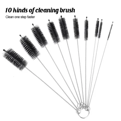 【10 PCS】Bottle Cleaning Brush Set 304 Stainless Steel + Nylon Wool Suitable for Glasses Drinking Straw Keyboard Jewelry Cleaning Teapot Nozzle Pipe Supplies Bottle Cleaning Tools 瓶子清洁刷