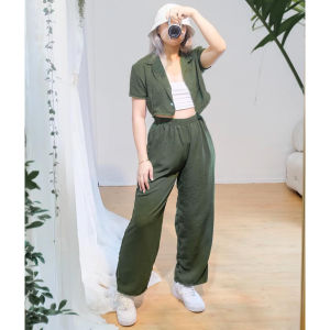 ZEALO Alba Button-up Collar Crop Top and Wide Leg Pants Terno Coordinates Set Alexa Set NZ Trends nztrends