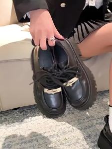 [Free Shipping] Thick-soled womens leather shoes new summer and autumn style chunky high heel black lace-up loafers