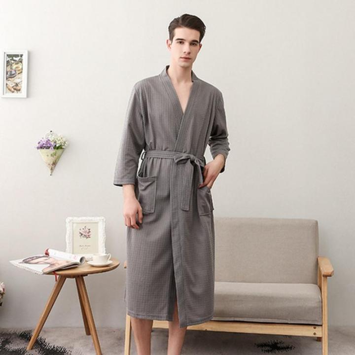 Soft Towel Bath Robe Dressing Gown Unisex Men Sleeve Solid Waffle