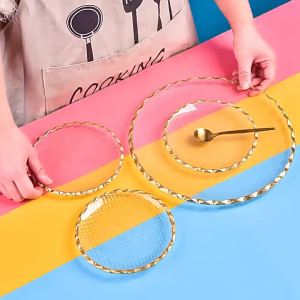 LZD  Light Luxury Crystal Glass Plate Household Living Room Golden Edge Transparent Plate Modern Dried Fruit Snack and Fruit Plate Tableware