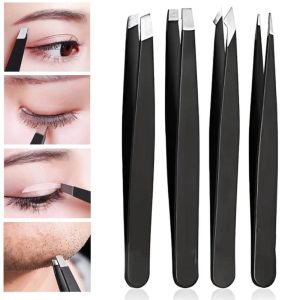 Eyebrow Tweezers Set Stainless Steel Slant Pointed Flat Precision Grooming Travel Case 4 5pcs