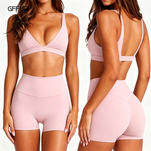 Womens Yoga Set V Neck Push Up Sports Bra High Support Shockproof + High Waist Quick Dry Tummy Control Gym Shorts 2 Piece Set2026